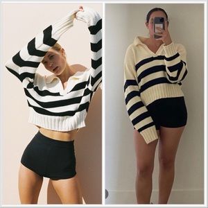 Ciao Lucia The Venezia Black and Ivory Cropped Striped Sweater Size Small